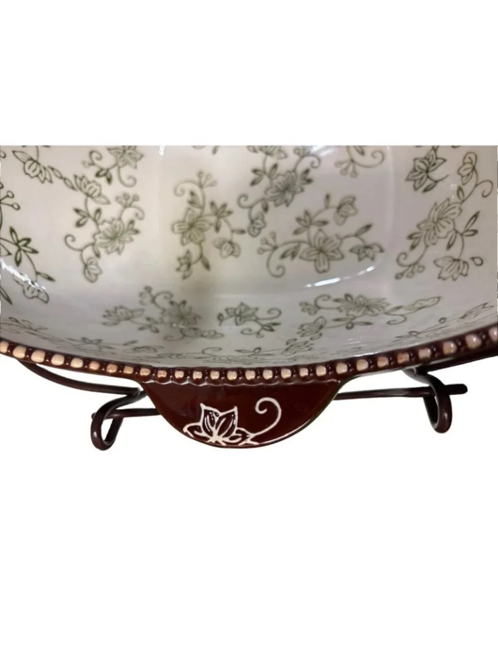 Temp-Tations Green Floral Lace 2.5 Qt Serving Bowl with Wire Stand 10x 10” READ